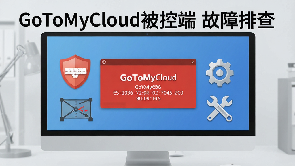 画面展示一台电脑屏幕出现GoToMyCloud被控端连接失败的红色提示窗口,旁边有防火墙盾牌图标和设置齿轮,背景为浅灰色办公桌面。布局采用居中偏左构图,细节包含错误代码数字、网络断开图标和修复工具扳手。风格简洁清晰,画质干净,无多余元素,图片中标注文字“GoToMyCloud被控端 故障排查”。