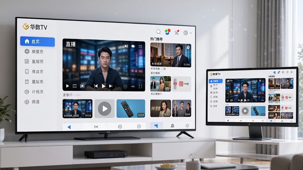 华数TV软件主界面全貌展示,主体为客厅大屏电视与电脑显示器同步呈现华数TV播放界面,布局左侧为频道分类导航栏,中部为直播画面窗口,右侧为热门推荐节目列表,排版整齐信息层级分明,风格现代简洁科技感,细节包含高清画质标识、遥控器图标、播放控制按钮,画质高清干净无多余元素