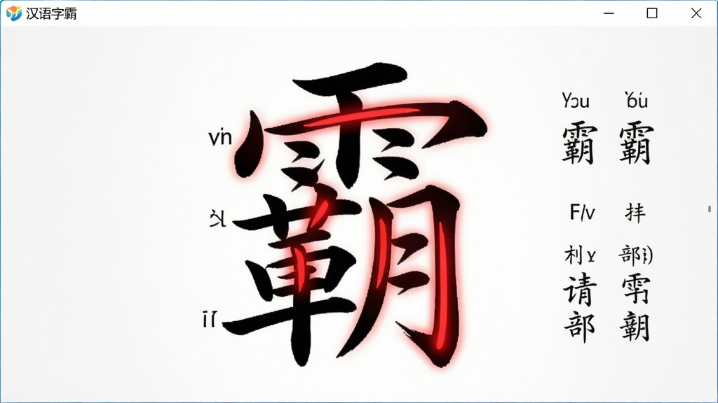 一张展示汉字笔画动画的界面截图,画面中一个大号汉字“霸”正在逐笔书写,笔画用红色高亮显示,旁边有拼音标注和部首信息,软件名称“汉语字霸”出现在窗口标题栏,布局简洁,风格清爽,画质清晰,无多余元素