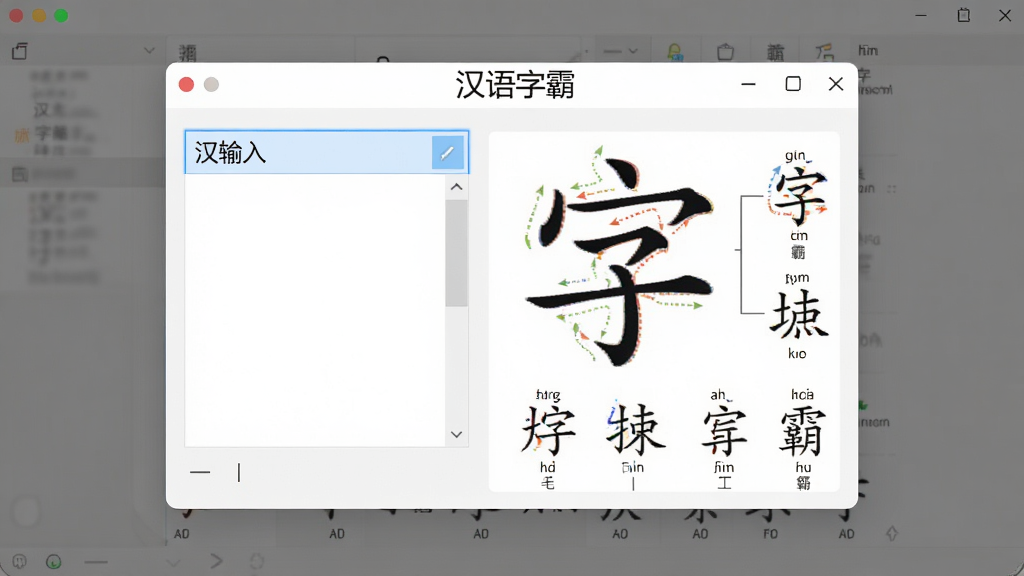 一张干净的软件界面截图,画面中央是汉语字霸主窗口,左侧为汉字输入查询框,右侧展示汉字笔画顺序动画与拼音标注,顶部有软件名称“汉语字霸”字样,整体布局清晰,风格简约现代,白色背景,画质清晰,无多余元素