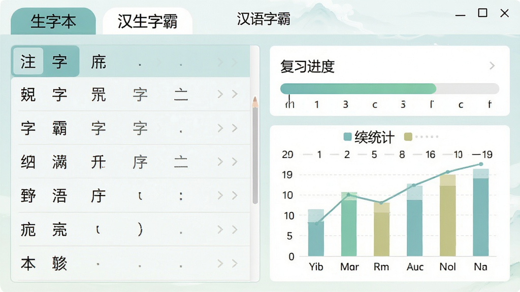 一张展示汉语字霸生字本功能的界面截图,画面中左侧是生字列表,右侧显示复习进度条和统计图表,界面顶部有“生字本”标签和软件名称“汉语字霸”,整体风格清新淡雅,布局合理,画质清晰,无多余元素