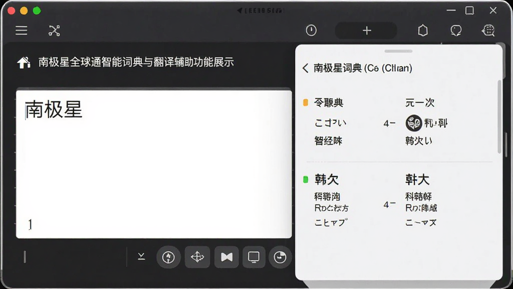 南极星全球通智能词典与翻译辅助功能展示,画面中软件界面一侧是输入区域,另一侧弹出词典释义面板,显示中文、日文、韩文对照解释,风格简洁专业,布局合理,画质高清,干净无多余元素