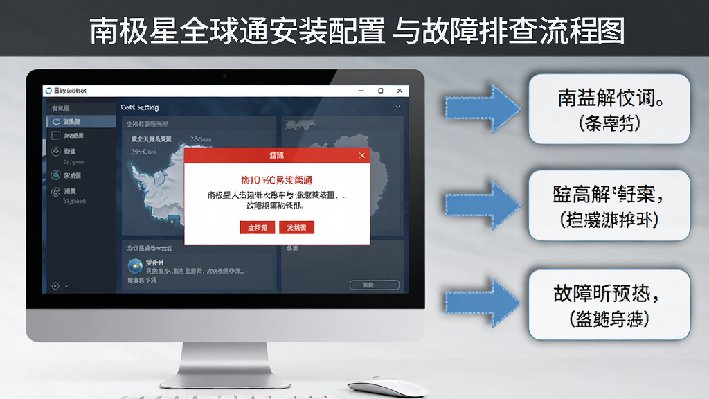 南极星全球通安装配置与故障排查流程图,画面展示电脑屏幕上软件设置界面与错误提示框,旁边有步骤箭头指向解决方案,风格实用清晰,布局合理,画质高清,干净无多余元素