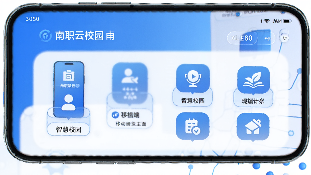 南职云校园 智慧校园 移动端应用 主界面 功能图标 蓝色科技风格 手机屏幕展示 干净简洁 高清画质