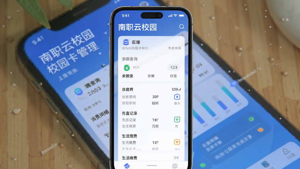南职云校园 校园卡管理 余额查询 消费明细 充值记录 生活缴费 手机界面 数据可视化 干净清爽
