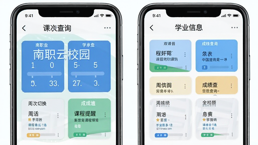 南职云校园 课表查询 周次切换 课程提醒 成绩查询 学业信息 手机界面 网格布局 清晰易读
