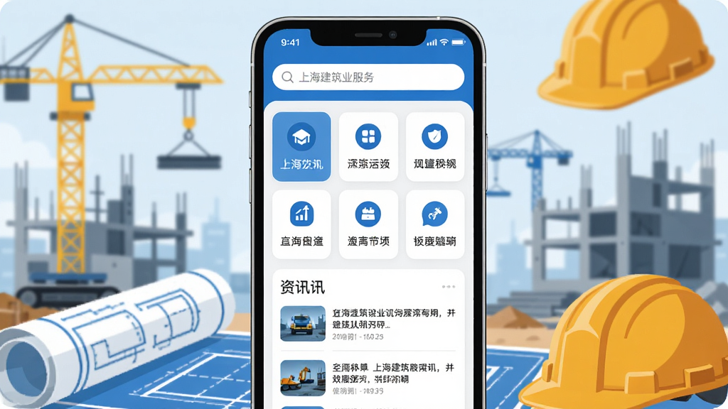主体为一部智能手机,屏幕显示上海建筑业服务APP的首页界面,布局清晰,上方有搜索栏,中间是功能图标阵列,下方是资讯列表。排版采用居中构图,手机周围环绕着建筑工地、蓝图、安全帽等元素。风格为现代扁平化科技风,细节上屏幕内的文字清晰可见,色彩以蓝色和白色为主,整体干净整洁。画质高清,无多余元素。