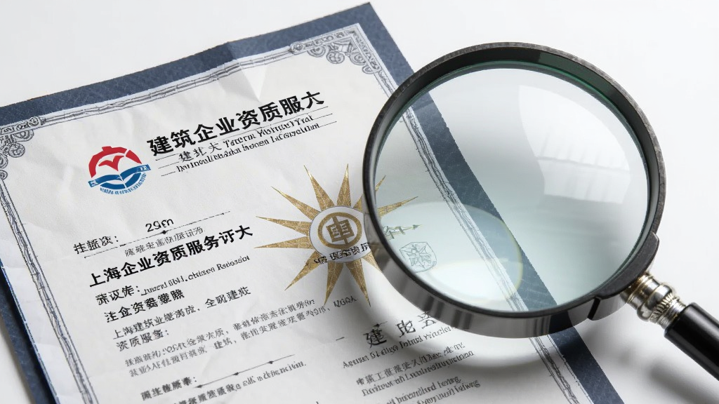 主体是一个放大镜,聚焦在一张建筑企业资质证书上,证书上有上海建筑业服务的标志。布局为放大镜位于画面右侧,证书在左侧。排版采用对角线构图,风格为商务专业风,细节上证书纹理清晰,放大镜有反光效果。画质高清,背景简洁,无多余元素。