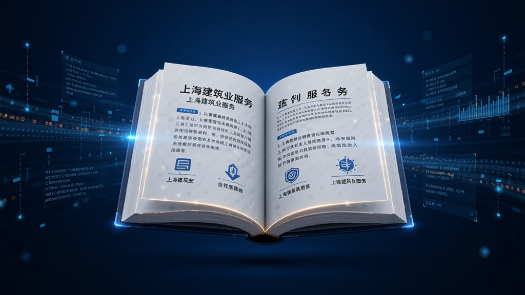 主体是一本打开的电子书,书页上显示着上海建筑业服务的文字和图标。布局为书本悬浮在画面中央,周围有发光的数字信息流环绕。排版采用对称式构图,风格为科技感与知识感结合,细节上书页边缘有微光,背景为深蓝色渐变。画质清晰,干净无多余元素。