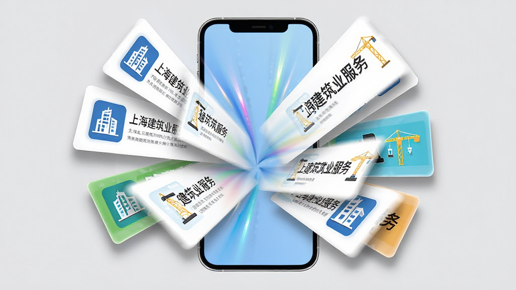 主体是一个手机屏幕,屏幕上弹出多条新闻资讯卡片,卡片上有上海建筑业服务的图标。布局为手机居中,资讯卡片呈放射状散开。排版采用中心发散构图,风格为动态信息流风格,细节上卡片有轻微阴影,色彩鲜明。画质清晰,背景为浅灰色,无多余元素。