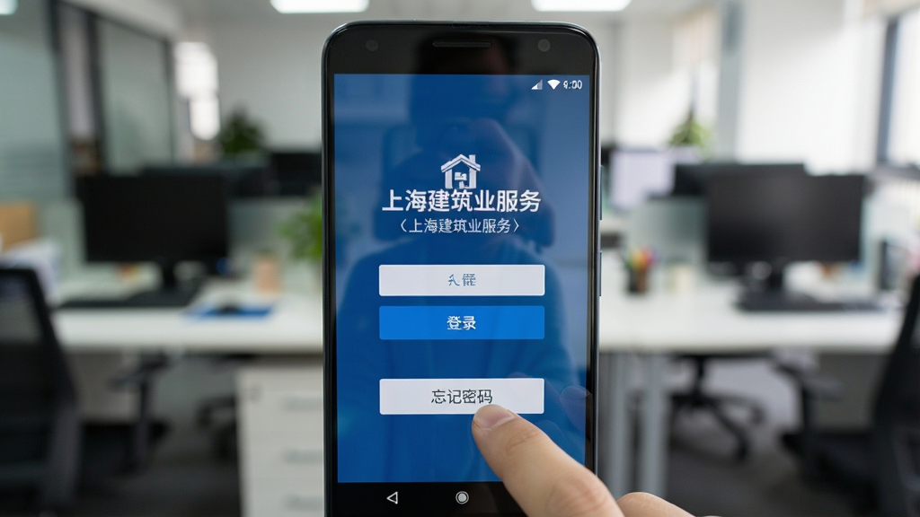 主体是一部安卓手机,屏幕上显示上海建筑业服务的登录界面,界面下方有“忘记密码”按钮。布局为手机正面特写,背景是模糊的办公室场景。排版采用居中构图,风格为写实UI风格,细节上屏幕有轻微反光,手指正准备点击按钮。画质清晰,色彩自然,无多余元素。