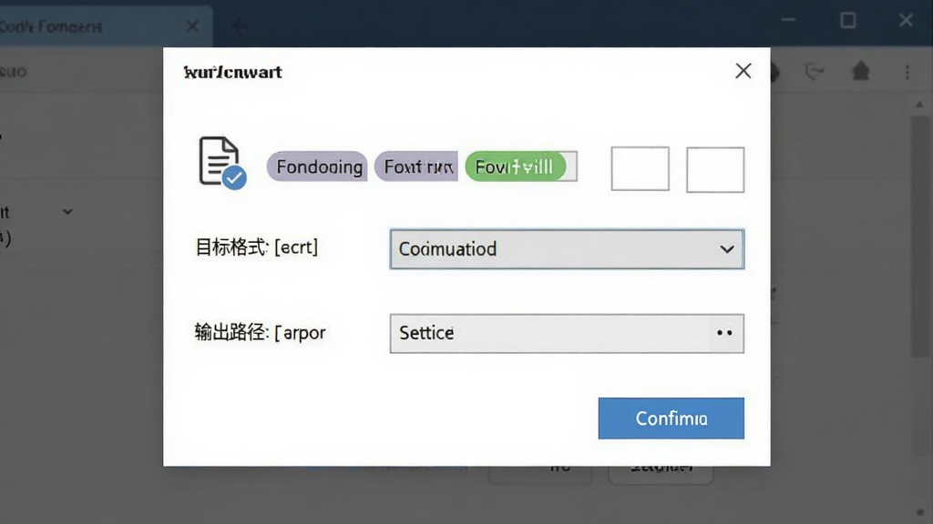 XML Fox 格式转换功能界面,主体为转换向导对话框,布局为居中弹窗,排版包含源文件选择、目标格式下拉菜单、输出路径设置,风格为简洁扁平化设计,细节包含文件图标、格式标签、确认按钮,画质清晰,干净,无多余元素