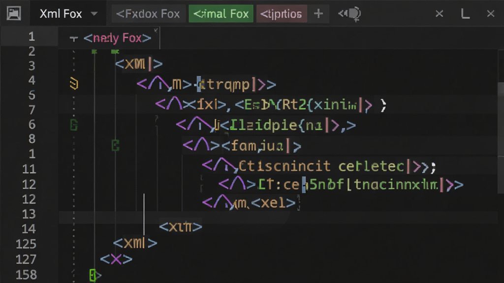 XML Fox 编辑器界面特写,主体为 XML 代码编辑区域,布局包含左侧行号栏与右侧代码高亮区,排版为上下结构,风格为深色主题科技风,细节包含彩色标签、折叠标记、光标定位线,画质清晰,干净,无多余元素