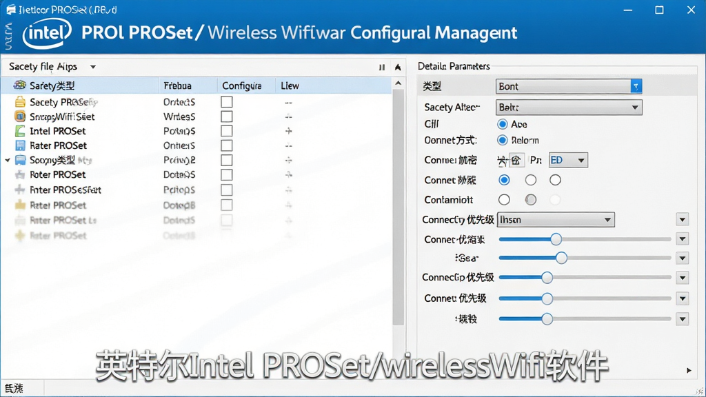 一张展示英特尔Intel PROSet无线Wifi软件配置管理界面的图片,主体是配置文件列表与详细参数设置面板,布局为上下分栏结构,排版整齐有序,风格为专业工具软件风格,细节包括安全类型下拉菜单、加密方式选项、连接优先级滑块,画面中带有