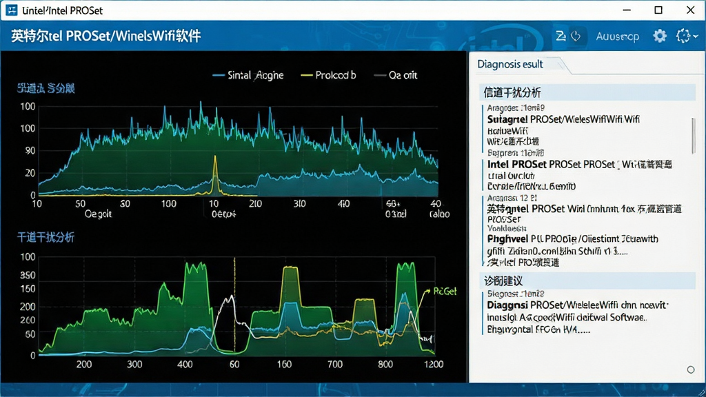 一张展示英特尔Intel PROSet无线Wifi软件诊断工具界面的图片,主体是信号强度波形图与诊断结果报告面板,布局为左右对照形式,排版清晰直观,风格为数据可视化科技风格,细节包括信号强度曲线、信道干扰分析、诊断建议文字,画面中带有