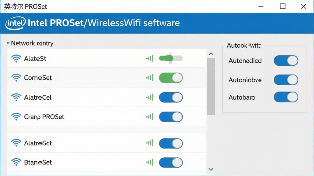 一张展示英特尔Intel PROSet无线Wifi软件网络切换设置界面的图片,主体是网络优先级列表与自动切换开关面板,布局为垂直列表布局,排版简洁明了,风格为现代扁平化UI风格,细节包括网络名称列表、信号强度图标、自动切换开关按钮,画面中带有