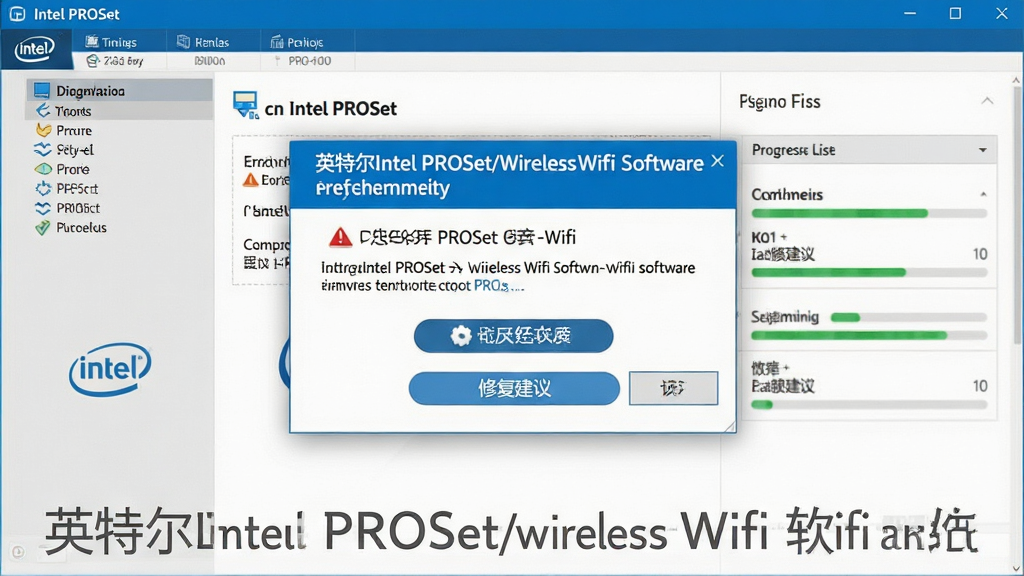 一张展示英特尔Intel PROSet无线Wifi软件故障排查流程的图片,主体是电脑屏幕显示诊断工具与错误提示弹窗,布局为居中弹窗加背景软件界面,排版信息层级分明,风格为技术支持文档风格,细节包括错误代码、修复建议按钮、进度条,画面中带有