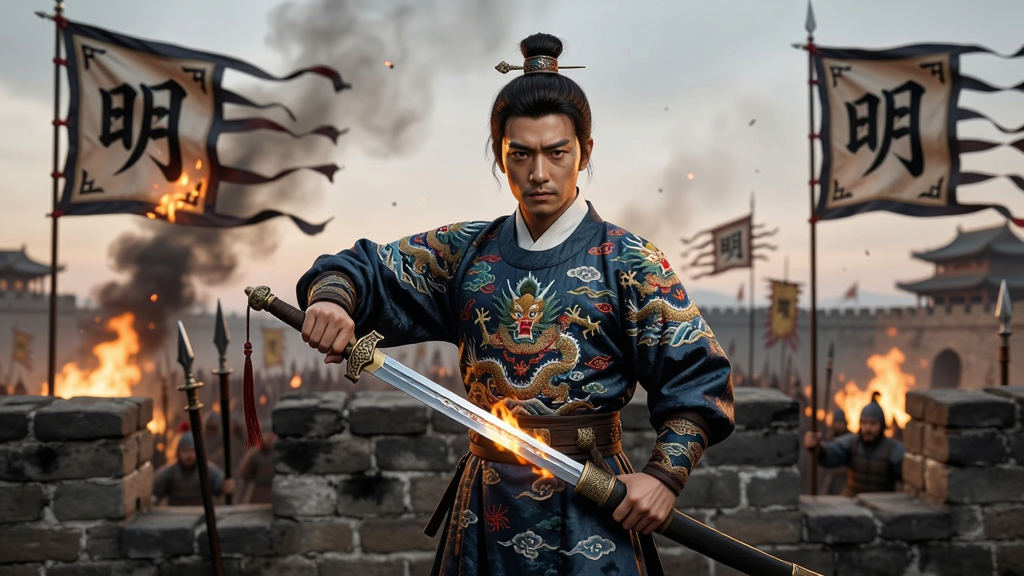 画面主体为一位身穿明代飞鱼服的侠客手持长剑站立于城楼之上,背景是烽火连天的古代战场与飘扬的明字大旗,布局采用中心构图突出人物,排版上人物占据画面中央偏下位置,风格为国风水墨与写实CG结合,细节上飞鱼服纹理清晰、剑身反射火光、远处城墙砖石可见,画质为4K超高清、干净、无多余元素