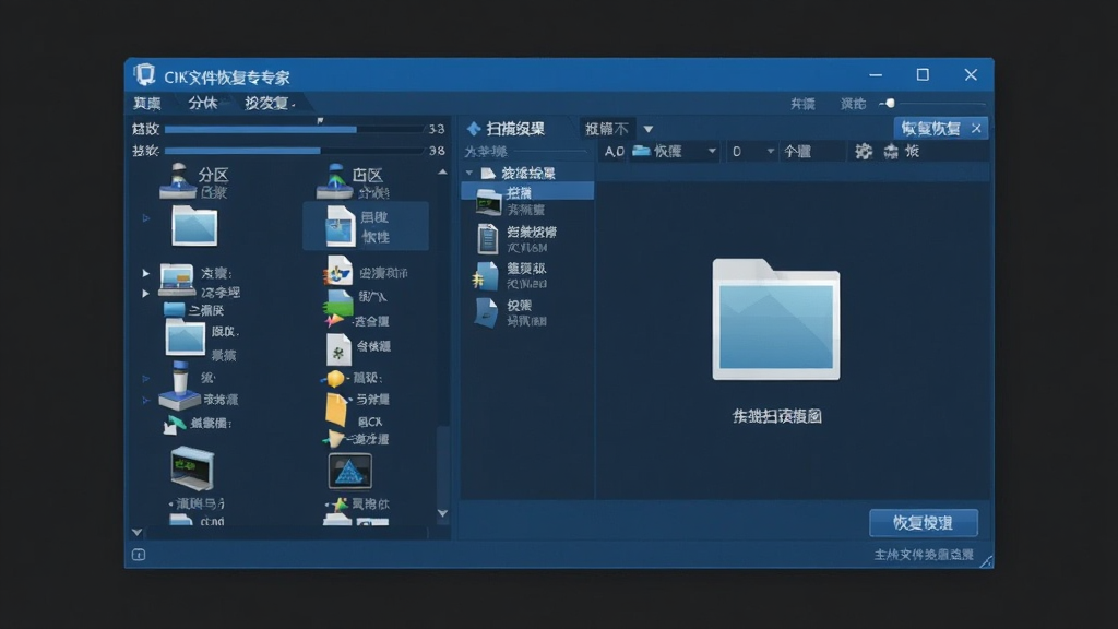 CHK文件恢复专家软件主界面预览图,画面主体为软件窗口居中布局,左侧为磁盘分区与存储设备列表,右侧为扫描结果与文件预览区域,顶部菜单栏清晰可见,整体排版整洁,风格为现代简约科技蓝,细节包含进度条、文件类型图标和恢复按钮,画质清晰干净,无多余元素