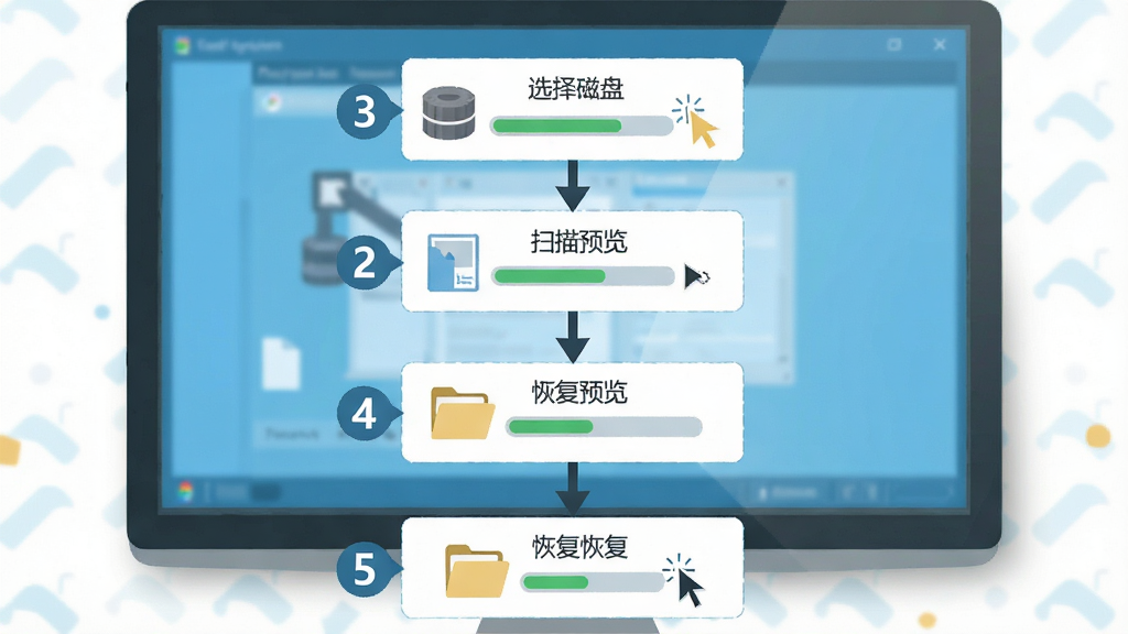 CHK文件恢复专家使用步骤流程图,画面主体为电脑屏幕显示软件操作界面与步骤编号,布局为从上到下依次排列选择磁盘、扫描、预览、恢复四个环节,排版为纵向流程图风格,风格为扁平化教学风,细节包含鼠标指针、进度条和文件夹图标,画质清晰干净,无多余元素