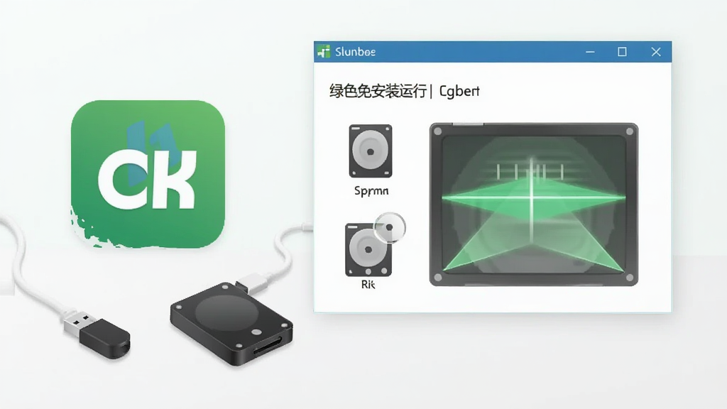 CHK文件恢复专家绿色免安装运行示意图,画面主体为软件图标与便携设备连接示意,布局为软件界面悬浮于桌面之上,排版简洁直观,风格为轻量极简风,细节包含U盘、硬盘图标和扫描光束,画质干净清晰,无多余元素