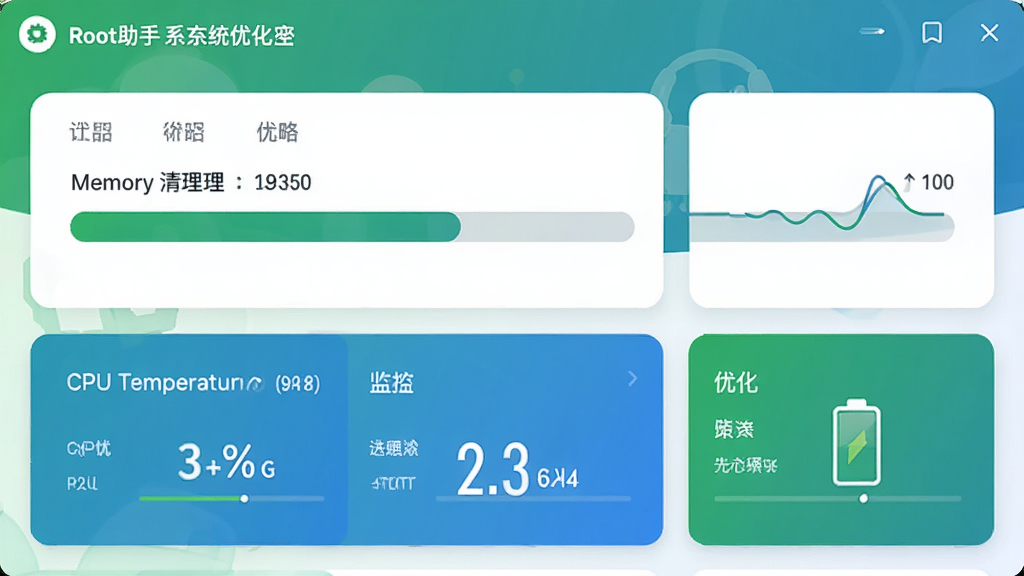 һ��չʾRoot����ϵͳ�Ż����ܵĽ���ͼ����������ʾ�ڴ�������������CPU�¶ȼ�غ͵���Ż�ѡ���������ˬ����ɫ����ɫΪ��ɫ��������Ϊ��Ƭʽ�Ű棬ϸ�ڷḻ�����ʸ��壬�ɾ�����