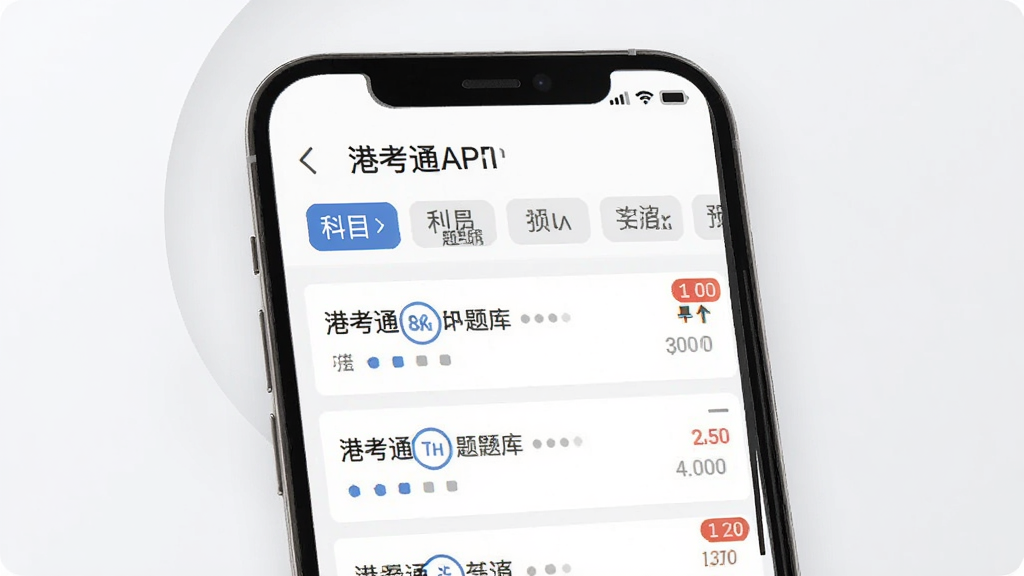 港考通APP题库界面展示图,画面主体为手机屏幕,屏幕中呈现港考通题库列表,包含科目分类标签与题目数量角标,背景为白色与浅灰色搭配,排版整齐,风格简洁商务,细节上体现题目分类与进度标识,画质清晰,干净无多余元素。