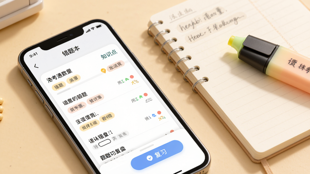 港考通错题复盘功能展示图,画面中一部手机显示错题本界面,界面内有错题列表与知识点标签,手机旁边放置笔记本与荧光笔,背景为浅暖色调,布局采用斜角构图,风格柔和圆角,细节上体现错题数量与复习按钮,画质高清,干净无多余元素。