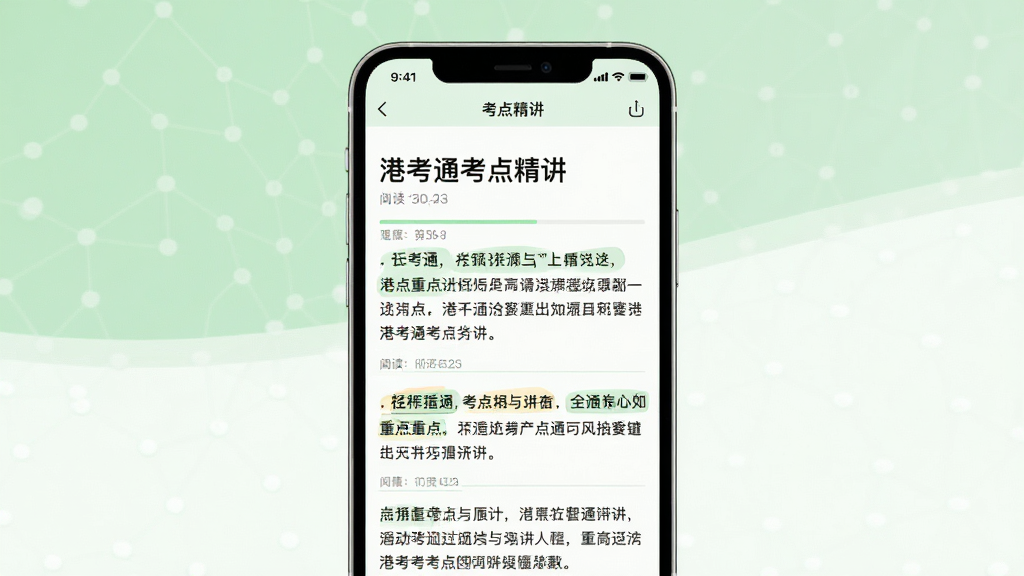 港考通考点精讲页面展示图,画面中央为手机屏幕,屏幕中显示港考通考点精讲文章页面,文字排版清晰,配有重点标记与段落分隔,背景为浅绿色与白色搭配,布局为居中展示,风格清新浅色,细节上体现文章标题与阅读进度,画质高清,干净无多余元素。