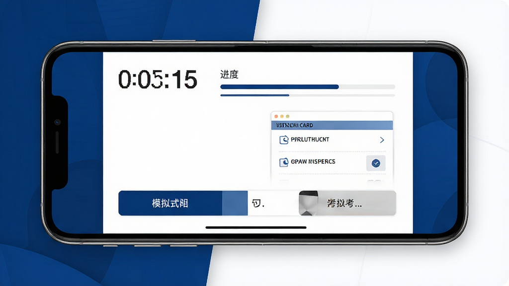 港考通模拟考试界面展示图,画面中一部手机横屏显示模拟考试答题界面,屏幕上方有倒计时器与进度条,下方为选项按钮,背景为深蓝色与白色搭配,布局突出手机屏幕,风格简约商务,细节上体现时间显示与答题卡,画质高清,干净无多余元素。