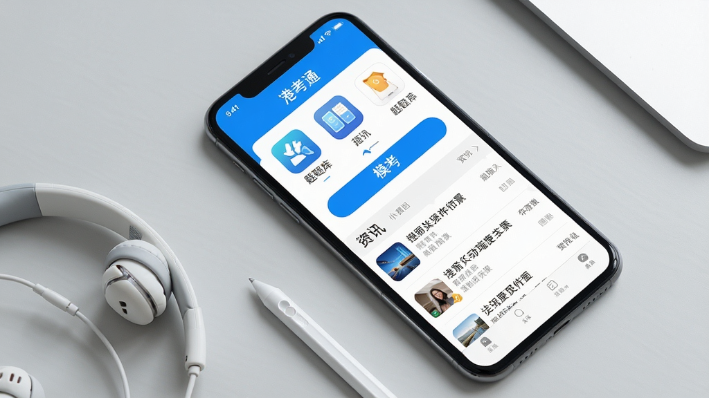 港考通移动端使用场景图,画面中一部手机竖屏显示港考通首页界面,界面中包含题库入口、模考按钮与资讯列表,手机下方放置一副耳机与一支触控笔,背景为浅灰色桌面,布局采用俯视角度,风格清爽素雅,细节上体现应用图标与界面文字,画质高清,干净无多余元素。