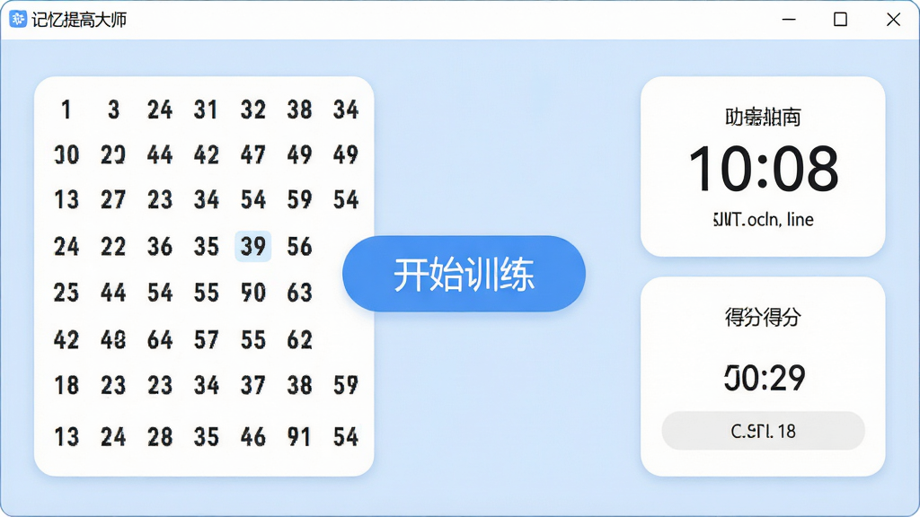 功能界面展示图,主体为“记忆提高大师”软件中的数字记忆训练界面,布局为左侧显示随机数字矩阵,右侧显示计时器与得分面板,中央有醒目的“开始训练”按钮,风格为清爽简约的桌面应用截图风格,细节包含柔和的浅蓝色背景、圆角卡片和清晰的数字字体,画质高清,干净,无多余元素