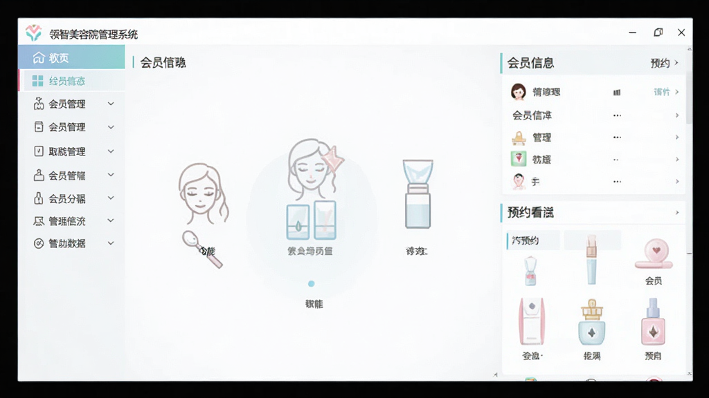 软件主界面全景展示,画面中央是领智美容院管理系统的操作窗口,左侧为功能导航栏,右侧为会员信息与预约看板,整体布局整齐清晰,风格简洁专业,细节上带有美容行业图标元素,画质干净无多余元素,适合软件下载站展示