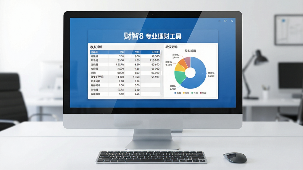 一张整洁的电脑桌面场景,屏幕中央显示“财智8 专业理财工具”软件主界面,界面包含收支明细表格与饼状图表,整体采用蓝白配色,布局居中对称,风格为现代商务写实风,细节上屏幕反光自然、键盘鼠标摆放整齐,画质清晰干净无多余元素