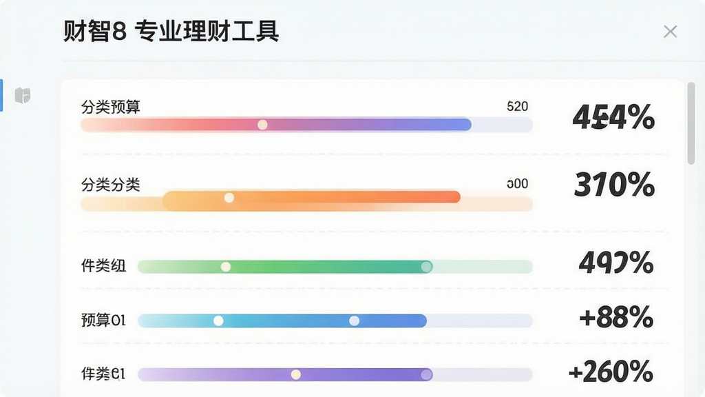 一张预算管理功能示意图,画面展示“财智8 专业理财工具”预算设置面板,包含多个分类进度条与百分比数字,布局为纵向列表,风格为简约清新风,细节上进度条颜色渐变自然、数字醒目,画质清晰干净无多余元素