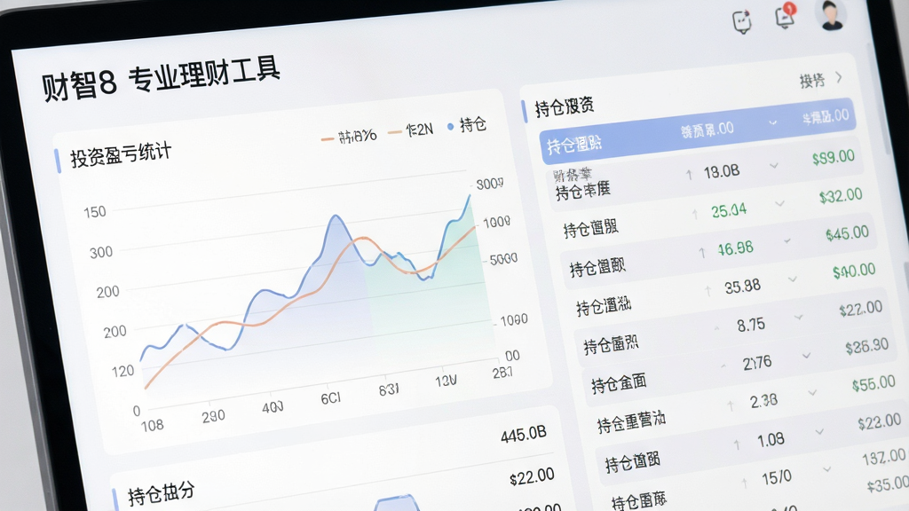 一张投资理财跟踪界面的特写图,屏幕显示“财智8 专业理财工具”的投资盈亏统计页面,包含折线图与持仓列表,布局为左图右表,风格为科技金融风,细节上数字清晰、图表色彩柔和,画质高清干净无杂乱元素