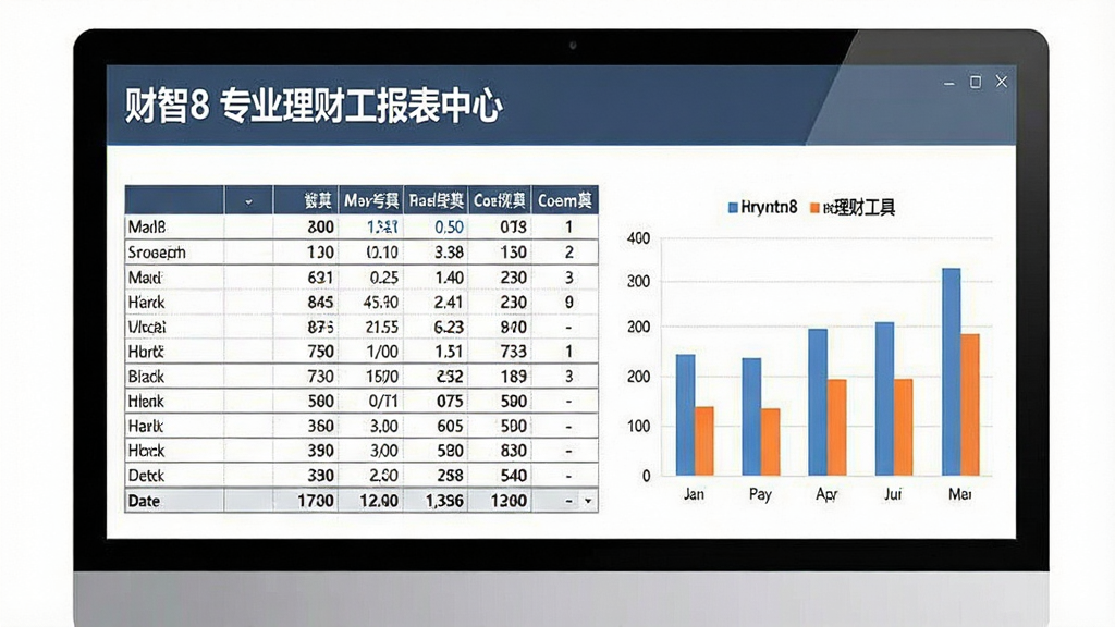 一张财务报表生成界面的截图风格图,屏幕显示“财智8 专业理财工具”的报表中心,包含表格与柱状图组合,布局为上下结构,风格为办公商务风,细节上表格线条清晰、数据排列整齐,画质干净无多余元素