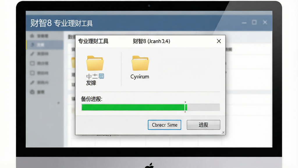一张电脑屏幕显示“财智8 专业理财工具”数据备份界面的示意图,画面包含文件夹选择对话框与备份进度条,布局为居中弹窗,风格为简洁办公风,细节上按钮清晰、进度条绿色填充,画质干净无多余元素