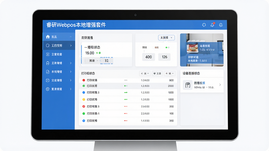 软件整体界面展示图,画面中央是一台收银机屏幕,屏幕上显示“睿研Webpos本地增强套件”主控面板,左侧为功能导航栏,右侧为打印机状态与设备连接状态卡片,整体布局简洁清晰,采用蓝白配色商务科技风格,细节包含图标、状态指示灯与数据列表,画质高清,画面干净,无多余元素