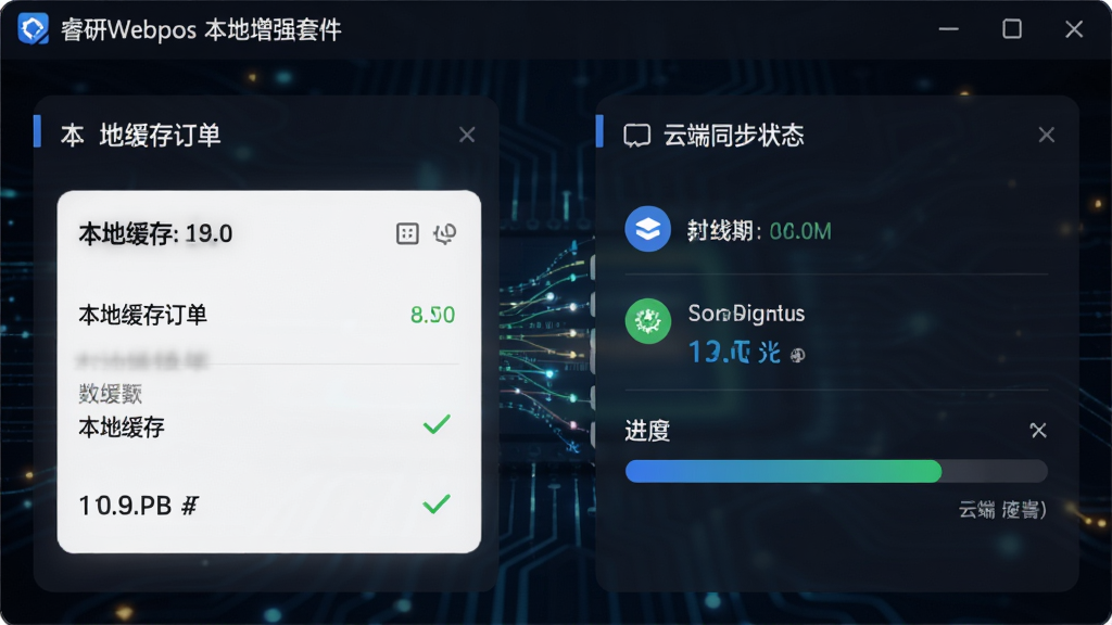 软件离线缓存与续传功能界面图,画面展示“睿研Webpos本地增强套件”的数据同步面板,左侧显示本地缓存订单数量,右侧显示云端同步状态与进度条,背景为深色科技风格,细节包含数据流动线条与状态图标,画质清晰,画面干净,无多余元素