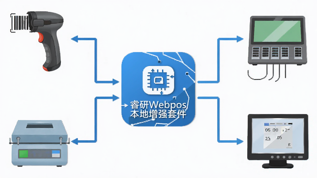 软件外设通信桥接示意图,画面中央是“睿研Webpos本地增强套件”图标,周围连接扫码枪、电子秤、钱箱、顾客显示屏等设备图标,采用扁平化科技风格,线条清晰,布局对称,画质高清,画面干净,无多余元素