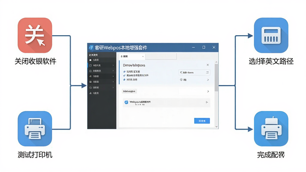软件新手安装配置流程图,画面以“睿研Webpos本地增强套件”安装向导窗口为中心,周围分布关闭收银软件、选择英文路径、测试打印机、完成配置等步骤图标,采用流程线连接,风格简洁明了,画质清晰,画面干净,无多余元素