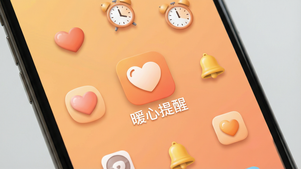 一张手机屏幕展示暖心提醒应用主界面的图片,画面中央是应用图标和名称“暖心提醒”,背景是柔和的暖橙色渐变,周围环绕着爱心、时钟、小铃铛等图标元素,布局简洁居中,风格温馨治愈,细节上图标带有轻微立体阴影,画质清晰干净,无多余元素