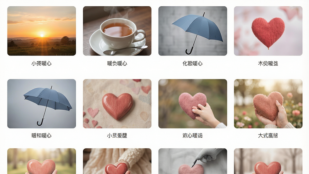 一张展示暖心提醒图片素材库界面的图片,画面中整齐排列着多张暖心图片缩略图,包含日出、热茶、雨伞、爱心等元素,每张图片下方带有简短文字标签,整体布局为网格状,风格清新温暖,细节上图片色彩柔和,画质高清,干净无杂乱