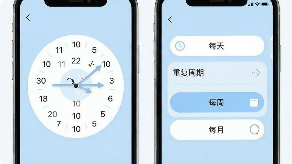 一张手机界面展示暖心提醒定时设置页面的图片,画面中有一个时钟选择器和一个重复周期选项列表,背景为浅蓝色,布局清晰,风格简约实用,细节上按钮带有圆角设计,文字标注“每天”“每周”“每月”,画质干净,无多余装饰