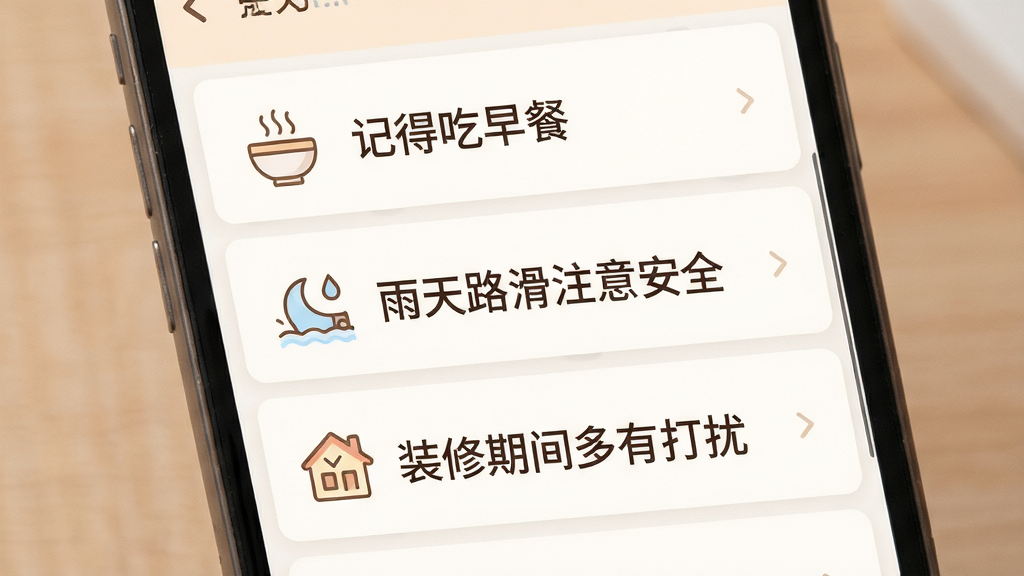 一张展示暖心提醒文案模板选择界面的图片,画面中列出了多条不同场景的提醒文案,如“记得吃早餐”“雨天路滑注意安全”“装修期间多有打扰”,每条文案旁边配有小图标,布局为列表式,风格温馨柔和,细节上文字清晰,画质干净,无多余元素