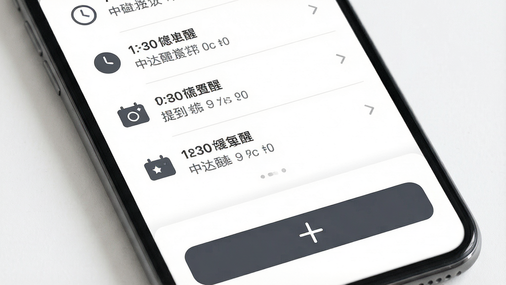 一张展示暖心提醒主界面提醒列表的图片,画面中显示了几条已设置的提醒事项,每条带有时间、图标和简短文字,底部有一个醒目的加号按钮,布局清爽,风格简约现代,细节上背景为白色,文字为深灰色,画质清晰,无多余元素