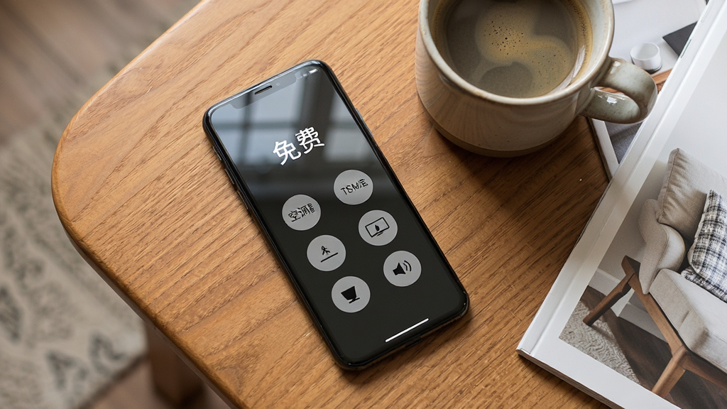一部手机放在桌面上,屏幕显示智能遥控(免费)的遥控面板,面板上有空调温度调节和电视音量按键,手机旁边有一杯咖啡和一本杂志,布局为生活场景俯拍,风格为温馨居家摄影,细节包括手机屏幕反光、桌面木纹质感,画质高清干净,无多余元素
