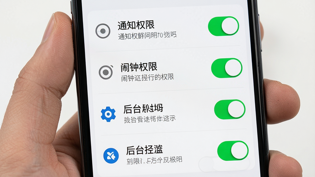 一张手机屏幕展示暖心提醒权限设置引导页面的图片,画面中列出了通知权限、闹钟权限、后台运行权限等开关选项,每个选项配有图标和简短说明,布局为纵向列表,风格清晰直观,细节上开关按钮为绿色,画质干净,无多余元素