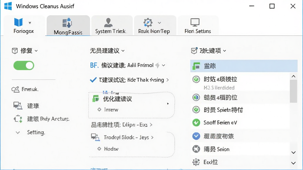 һ��չʾWindows��������ϵͳ�޸����Ż����ܵ�ͼƬ������Ϊ�����Ż����棬����Ϊ�������ܱ�ǩ�·�����ѡ��Ű��࣬���Ϊϵͳ���߷磬ϸ�ڰ����޸����ء��Ż����顢�������б��������������ɾ����޶���Ԫ��